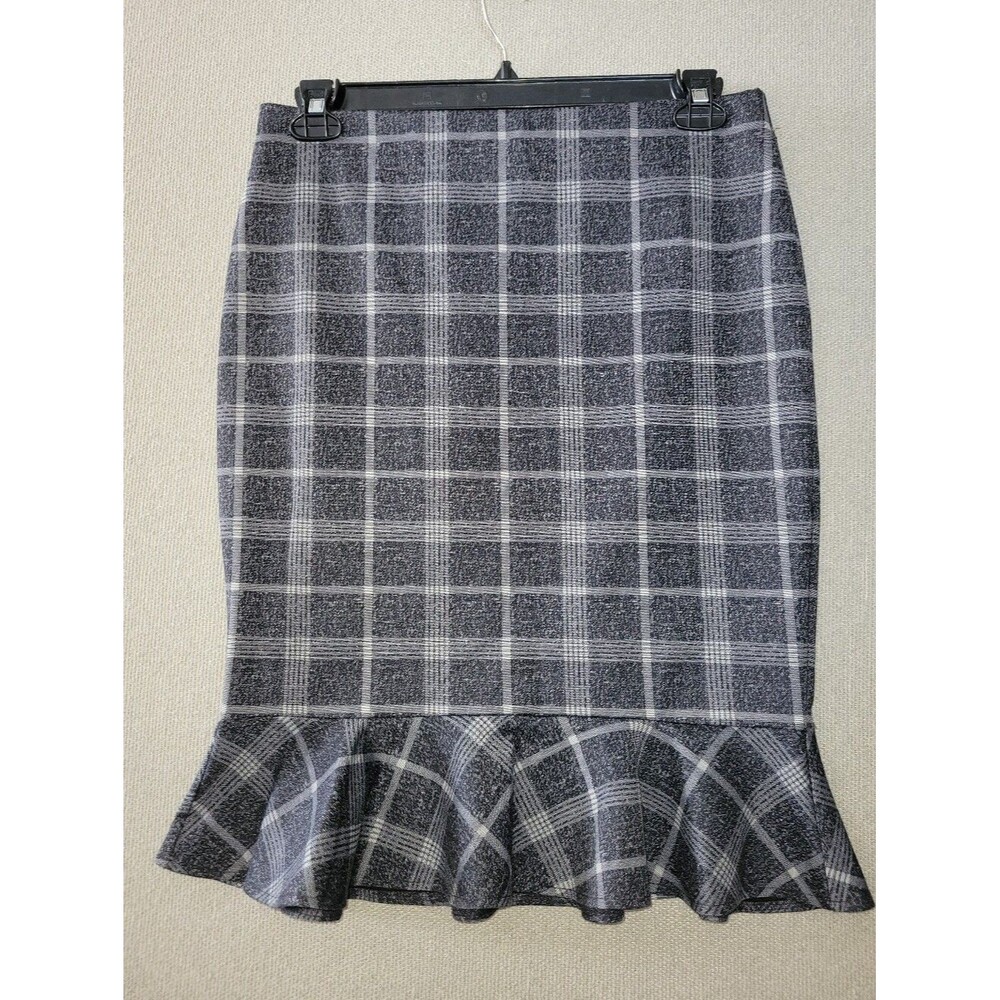 NYCC Size Medium Gray Plaid Ruffle-Hem Pencil Skirt